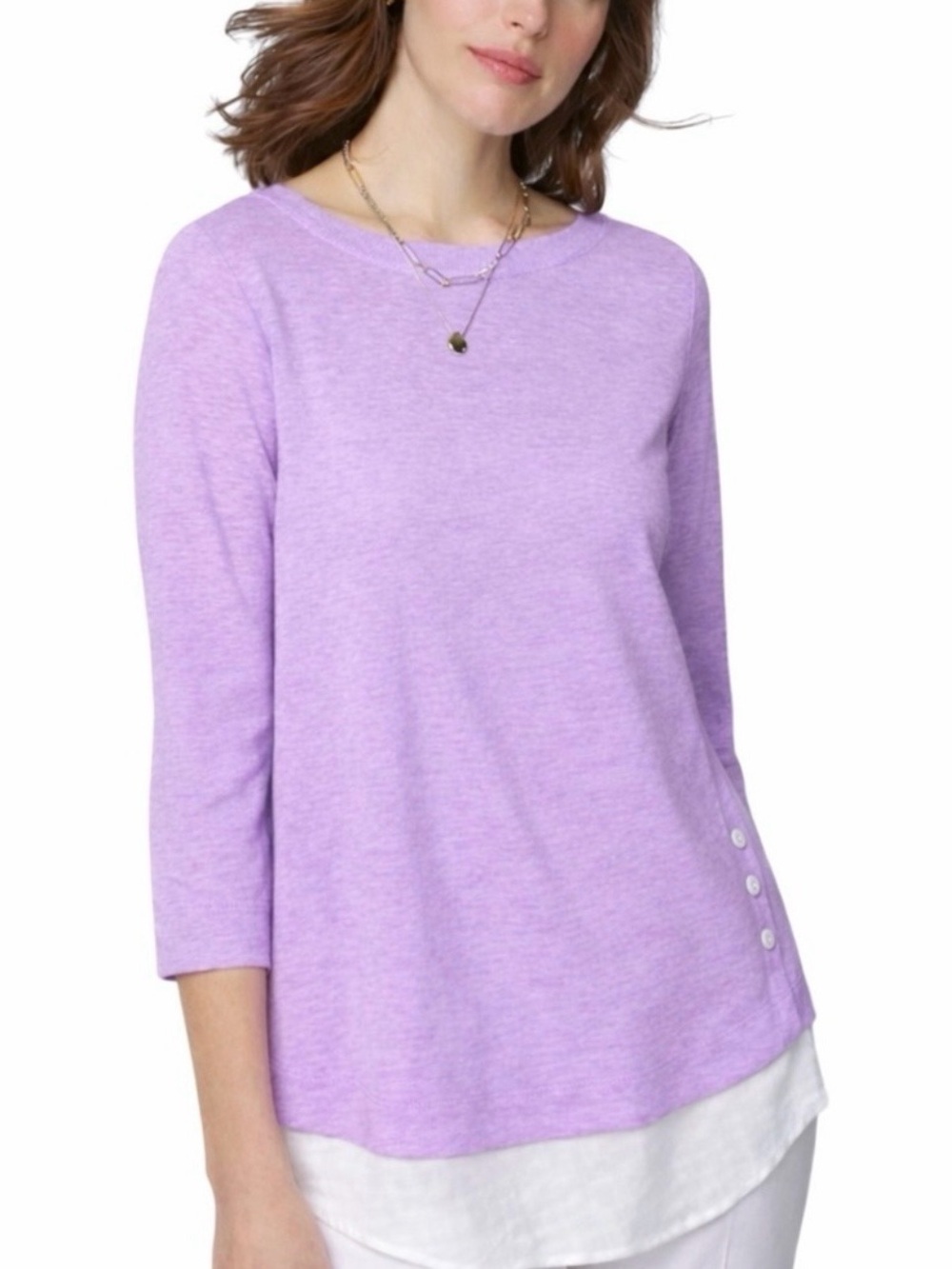 J. Jill Love Linen Tunic XL Lilac White Layered Hem 3/4 Sleeve - Picture 3 of 13